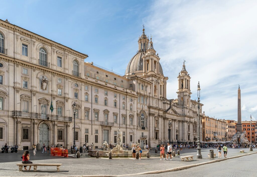 Piazza Navona, a lively square in Rome with Baroque fountains.