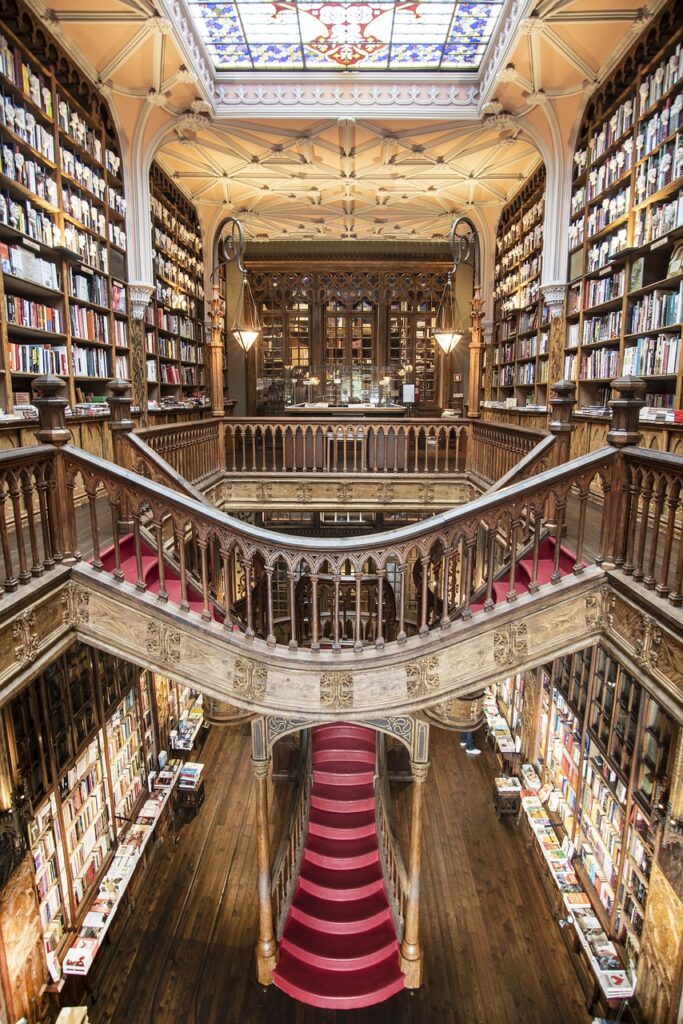 Interior of Livraria Lello with its grand staircase and ornate designs