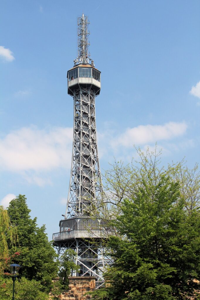 Petrin Observation Tower on Petrin Hill with view of Prague cityscape