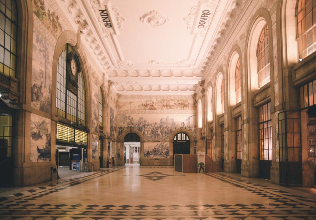 Azulejo tile murals inside São Bento Railway Station