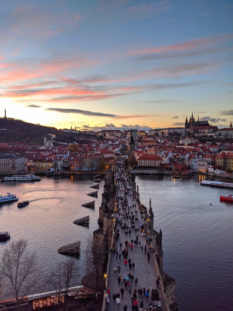 Historic Charles Bridge with statues and view of Vltava River